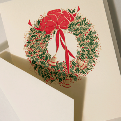 Crane/ボックスカード/Engraved Holly Wreath with Bells Holiday Greeting Cards