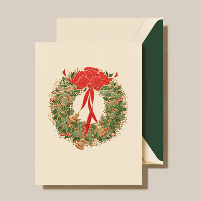 Crane/ボックスカード/Engraved Holly Wreath with Bells Holiday Greeting Cards