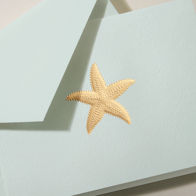 Crane/Box Card/Hand Engraved Starfish Notes on Beach Glass Kid Finish Paper (10 Cards / 10 Lined Envelopes)